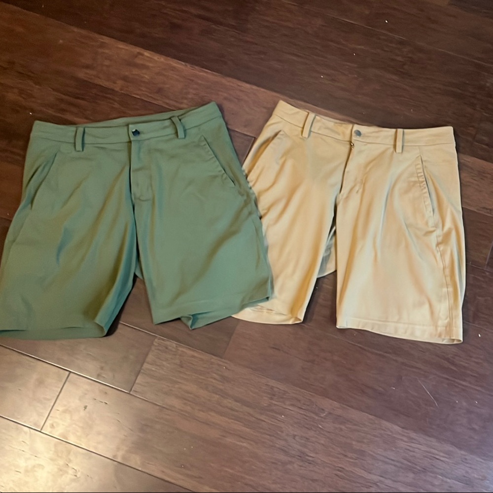 lululemon athletica Green and Tan Flat Front Men Shorts - 2 pairs